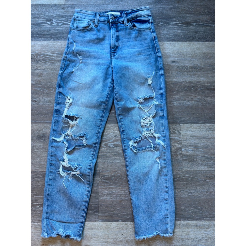 Eunina Super High Rise Mom Jean Crop Distressed Medium Wash Blue Denim Size 3